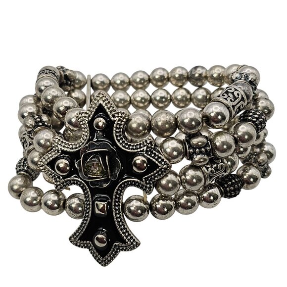 Silver Beaded Bracelet Multistrand Cross Faith Religious Grunge Rock Christian - Picture 1 of 16